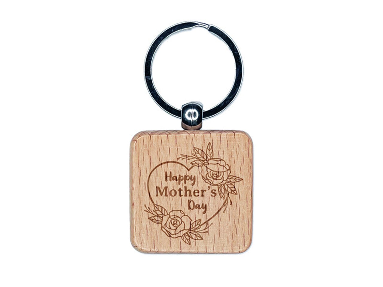 Happy Mother's Day Heart with Elegant Roses Engraved Wood Square Keychain Tag Charm